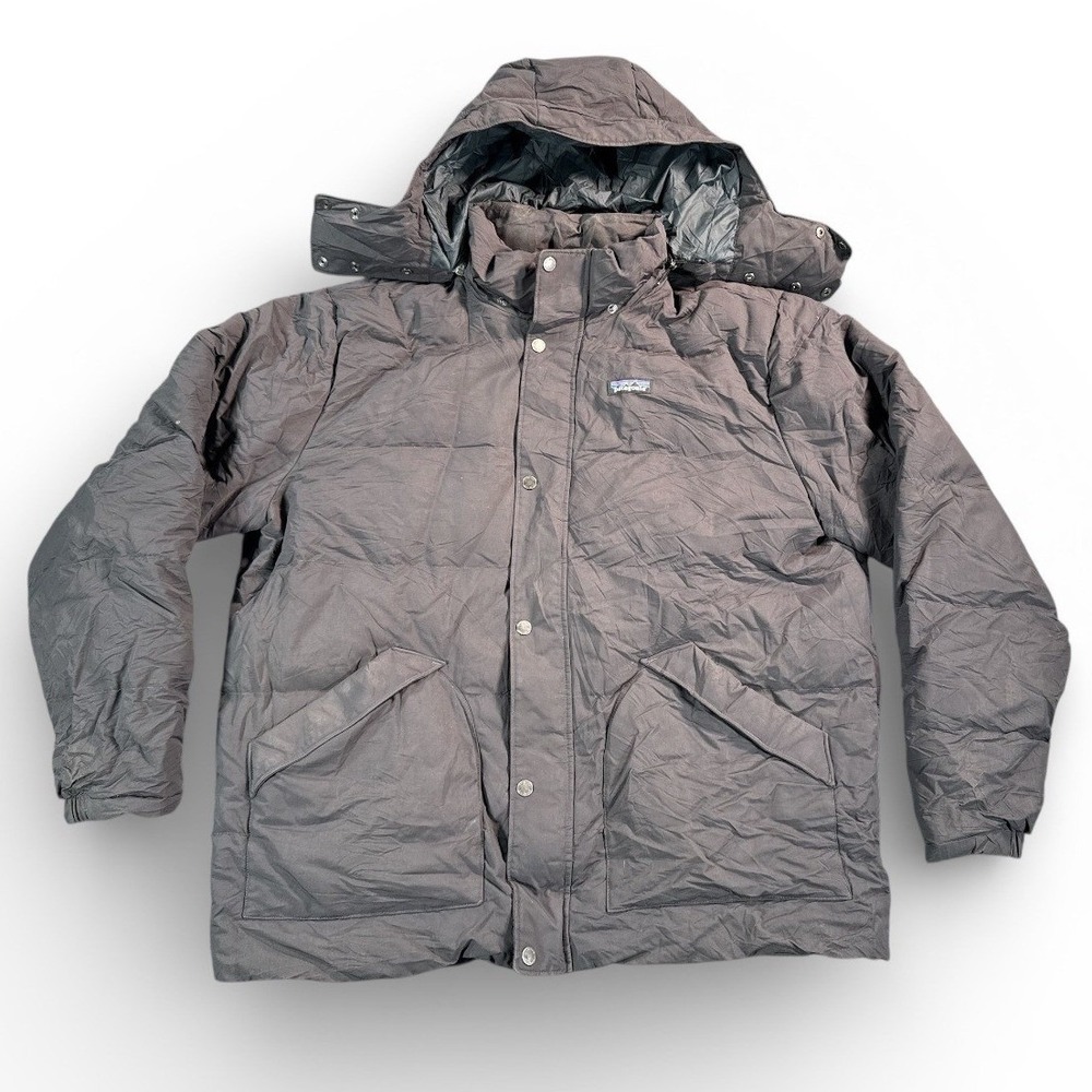 Patagonia Down Jacket Mens XL Gray Hooded Insulated Winter Parka Warm Heavy Logo